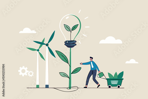 Sustainability business, ESG environmental social governance, green or clean energy, eco friendly ecology to help climate change, recycle concept, businessman pouring ecology plant with clean energy.