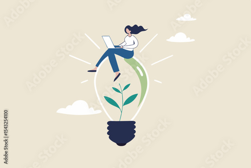 Sustainability business or environmental care in office, ecology company culture or social responsibility strategy, ESG concept, businesswoman working with computer on green sustainable lightbulb.