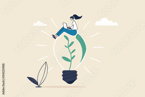 Sustainability business or environmental care in office, ecology company culture or social responsibility strategy, ESG concept, businesswoman working with computer on green sustainable lightbulb.