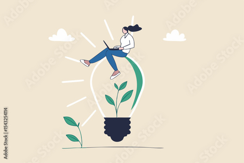 Sustainability business or environmental care in office, ecology company culture or social responsibility strategy, ESG concept, businesswoman working with computer on green sustainable lightbulb.