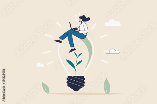 Sustainability business or environmental care in office, ecology company culture or social responsibility strategy, ESG concept, businesswoman working with computer on green sustainable lightbulb.