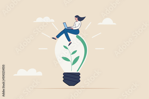 Sustainability business or environmental care in office, ecology company culture or social responsibility strategy, ESG concept, businesswoman working with computer on green sustainable lightbulb.