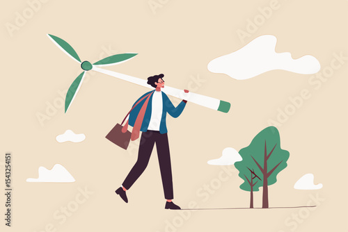 Business going green, environment eco friendly in climate change crisis or sustainability concept, smart businessman carrying wind turbine and plant seedling going to create green energy.
