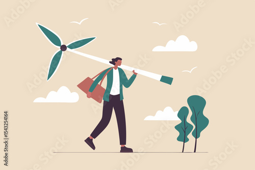 Business going green, environment eco friendly in climate change crisis or sustainability concept, smart businessman carrying wind turbine and plant seedling going to create green energy.