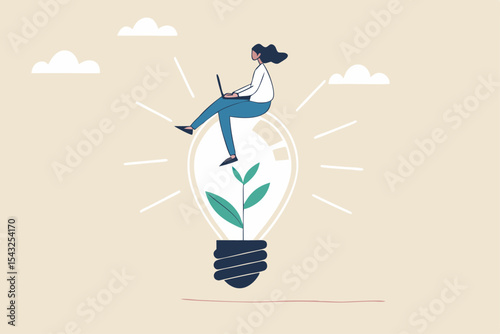 Sustainability business or environmental care in office, ecology company culture or social responsibility strategy, ESG concept, businesswoman working with computer on green sustainable lightbulb.