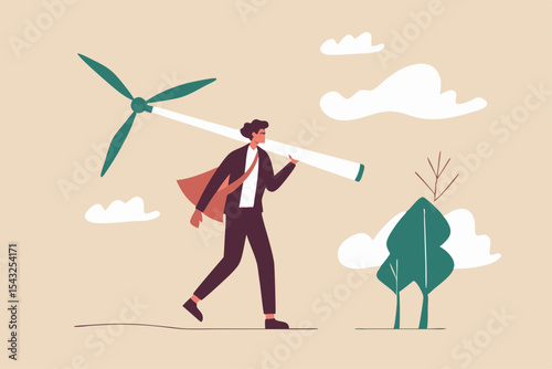 Business going green, environment eco friendly in climate change crisis or sustainability concept, smart businessman carrying wind turbine and plant seedling going to create green energy.