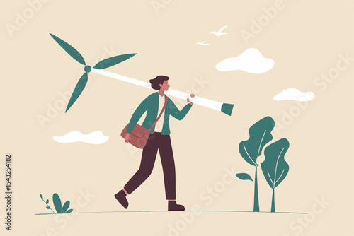 Business going green, environment eco friendly in climate change crisis or sustainability concept, smart businessman carrying wind turbine and plant seedling going to create green energy.