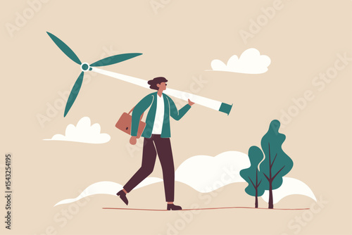 Business going green, environment eco friendly in climate change crisis or sustainability concept, smart businessman carrying wind turbine and plant seedling going to create green energy.