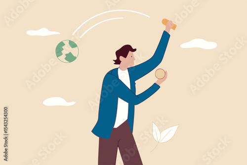 Irresponsible business destroy the world, climate change or global warming causing by big company, greedy businessman company owner happy holding precious money coin while throw away planet earth.
