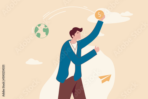 Irresponsible business destroy the world, climate change or global warming causing by big company, greedy businessman company owner happy holding precious money coin while throw away planet earth.
