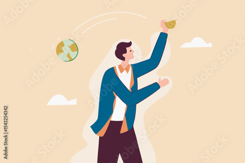 Irresponsible business destroy the world, climate change or global warming causing by big company, greedy businessman company owner happy holding precious money coin while throw away planet earth.