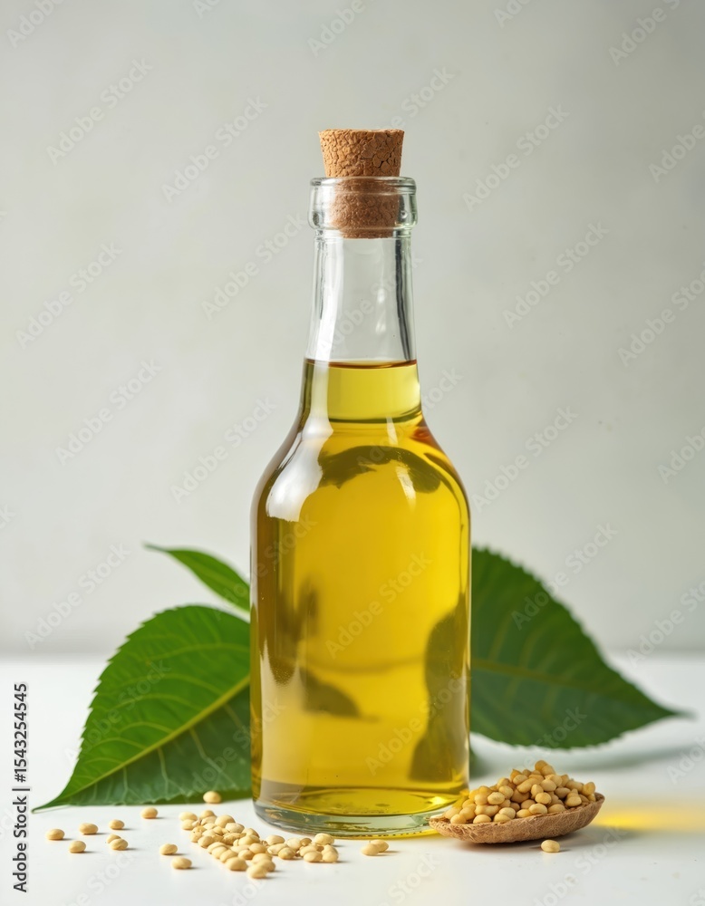 Clear glass bottle filled with golden castor oil stands on white surface. Castor seeds, green leaf placed around bottle. Natural beauty, skincare, bodycare products. Spa, wellness, beauty treatment Clear glass bottle filled with golden castor oil stands on white surface. Castor seeds, green leaf placed around bottle. Natural beauty, skincare, bodycare products. Spa, wellness, beauty treatment