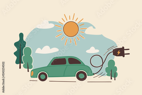 EV, Electric car clean energy environment friendly or hi technology using reusable solar power to fuel battery car concept, Electric car with power cable and electric plug with nature tree and sun.