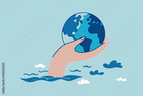 Save the world from climate change and global warming problem, protect our planet from melting ice flood or disaster concept, hand tendering holding world or globe above climate flood ocean.