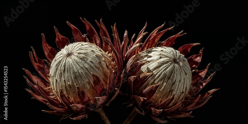 Close up of two protea flowers with red bracts and white centers against a black background