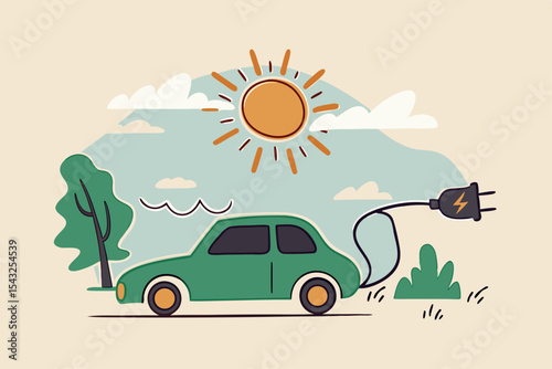 EV, Electric car clean energy environment friendly or hi technology using reusable solar power to fuel battery car concept, Electric car with power cable and electric plug with nature tree and sun.