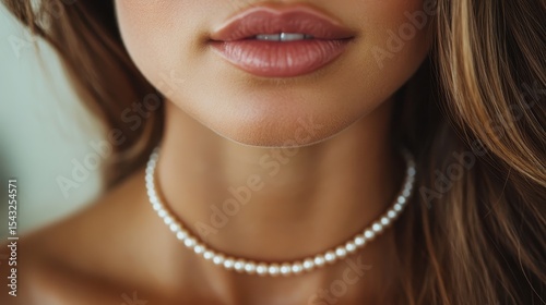 A captivating close-up of perfectly sculpted lips adorned with a pearl necklace, capturing beauty, elegance, and the intimacy of facial features in soft natural light.