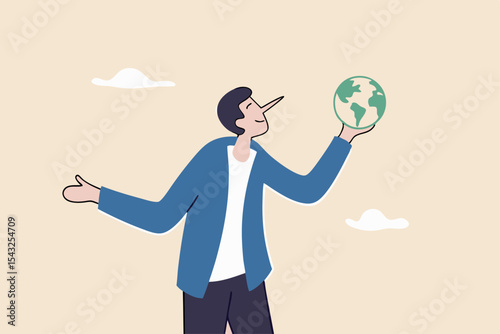 World leader climate change failure, liar cannot keep promise or reduce pollution green house effect, global warming issue concept, businessman politician Pinocchio nose lying about saving the world.