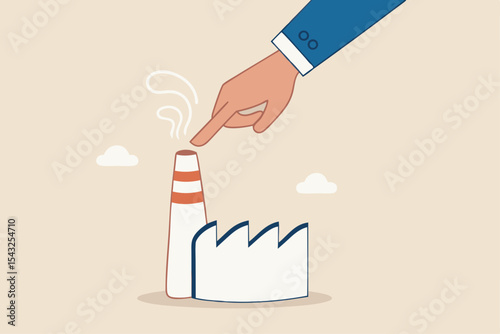 Reduce factory pollution to help stop climate change or global warming, ecology to decrease carbon dioxide and sustainability concept, business leader use finger to block, stop or clog factory chimney
