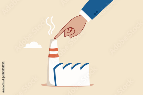 Reduce factory pollution to help stop climate change or global warming, ecology to decrease carbon dioxide and sustainability concept, business leader use finger to block, stop or clog factory chimney