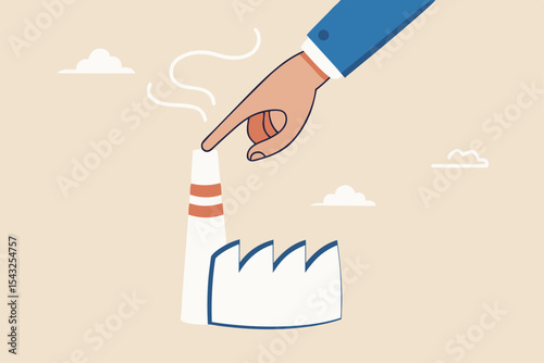 Reduce factory pollution to help stop climate change or global warming, ecology to decrease carbon dioxide and sustainability concept, business leader use finger to block, stop or clog factory chimney