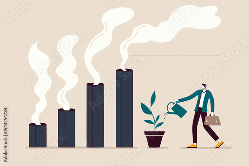 Climate crisis and environment policy, ESG or ecology problem concept, businessman leader watering seedling plant on bar graph with pollution smoke rising up.