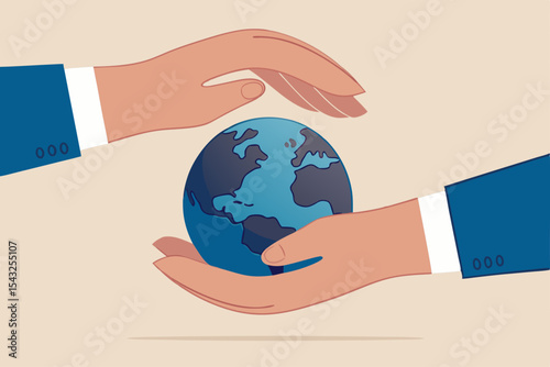 Save the world, peace or ecology, sustainability and environment protection, world care and support concept, businessman hand holding planet earth with care and other hand cover for protection.