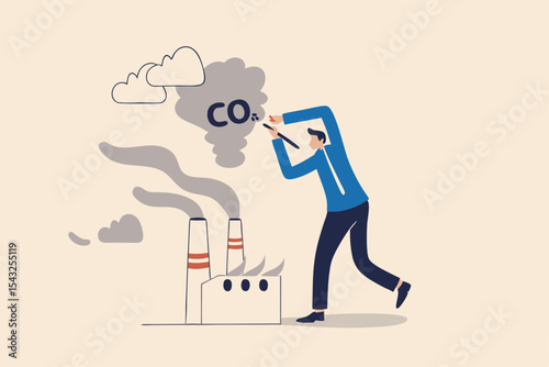 Reduce carbon footprint, decrease emission and pollution produce, global warming and environmental recovery plan concept, businessman country leader cutting CO2 carbon dioxide smoke from industrial.