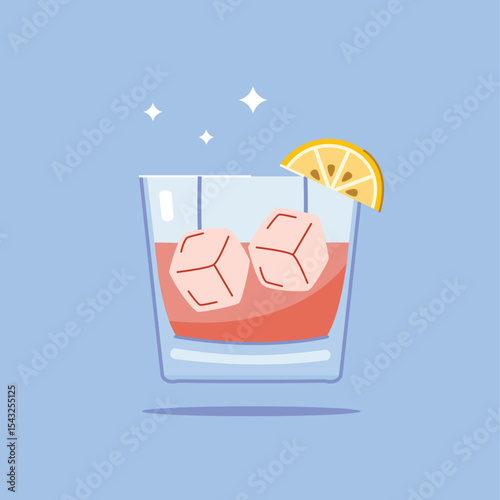 alcoholic beverage in Shot Glass. Summer appetizer garnished with lemon. Illustration of soft and alcoholic beverages.