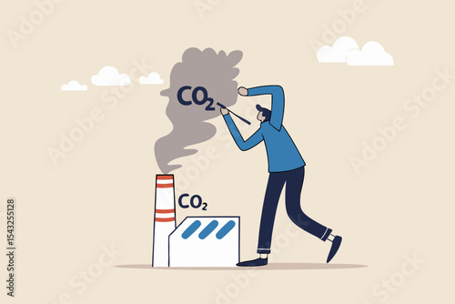 Reduce carbon footprint, decrease emission and pollution produce, global warming and environmental recovery plan concept, businessman country leader cutting CO2 carbon dioxide smoke from industrial.