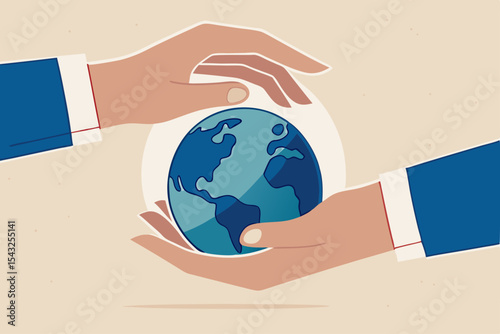 Save the world, peace or ecology, sustainability and environment protection, world care and support concept, businessman hand holding planet earth with care and other hand cover for protection.