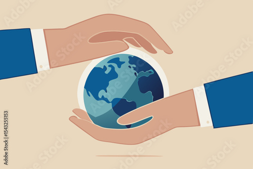 Save the world, peace or ecology, sustainability and environment protection, world care and support concept, businessman hand holding planet earth with care and other hand cover for protection.