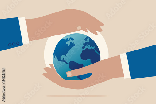 Save the world, peace or ecology, sustainability and environment protection, world care and support concept, businessman hand holding planet earth with care and other hand cover for protection.
