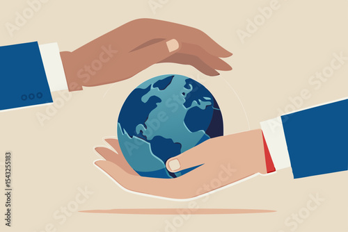 Save the world, peace or ecology, sustainability and environment protection, world care and support concept, businessman hand holding planet earth with care and other hand cover for protection.