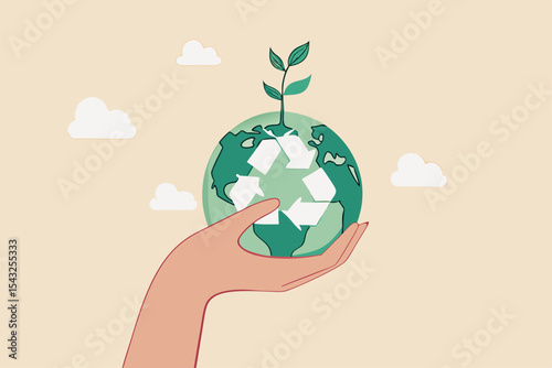 Sustainability, ecology or renewable energy to save the world from climate change or global warming, environmental safe or recycle concept, hand holding sustainable green world with recycle symbol.
