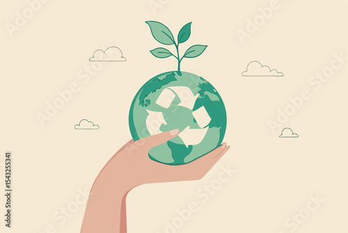 Sustainability, ecology or renewable energy to save the world from climate change or global warming, environmental safe or recycle concept, hand holding sustainable green world with recycle symbol.