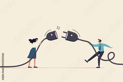 Disconnected business, broken communication, 404 or disconnect from social media distraction or monitor screen, young man and young adult woman pull electric socket plug to disconnect from internet.