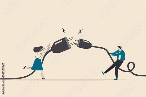 Disconnected business, broken communication, 404 or disconnect from social media distraction or monitor screen, young man and young adult woman pull electric socket plug to disconnect from internet.