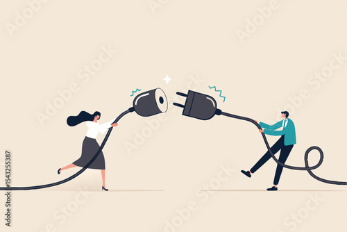Disconnected business, broken communication, 404 or disconnect from social media distraction or monitor screen, young man and young adult woman pull electric socket plug to disconnect from internet.