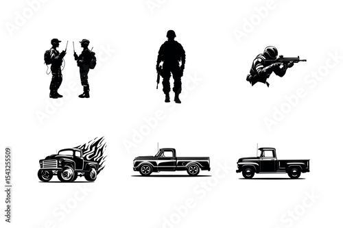 Military soldiers and pickup trucks silhouette