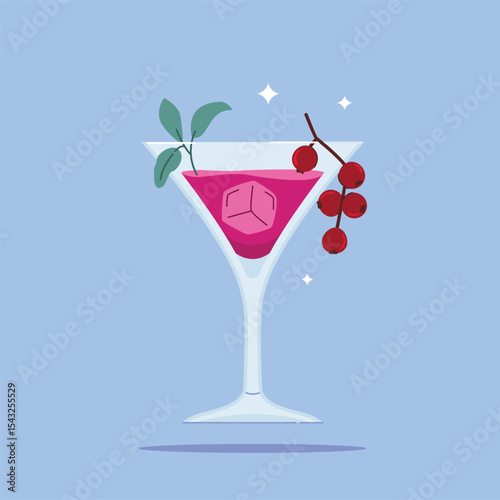 alcoholic beverage in Martini Glass. Summer appetizer decorated with mint leaves and berries. Illustration of soft and alcoholic beverages.