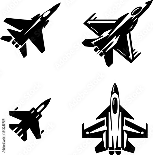 set of minimalist warfighter jet icon in black and white line style, symbolizing air combat and power.