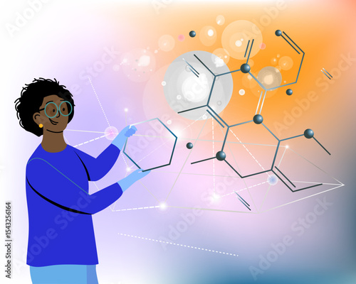 Research work. Female scientist African American black. Molecules, viruses, vaccines, biotechnology, genetic research. Medical researcher concept