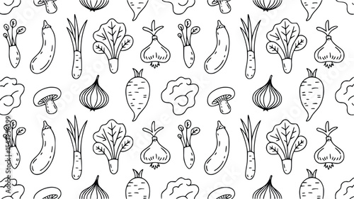 Fresh garden vegetables in a repeating doodle pattern featuring eggplant, leeks, onion, turnips and greens, perfect for food themed designs, silhouette
