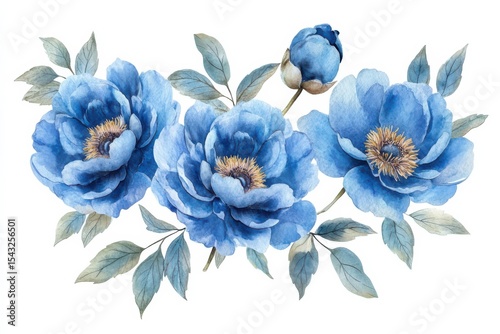 Fototapeta Naklejka Na Ścianę i Meble -  Serene Blue Peony Bouquet Illustration Floral Design Watercolor Art Delicate on White Background. Generative Ai