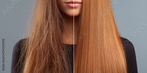 Clear visual contrast between damaged and saturated straight red hair, white background, beauty and hair care concept.