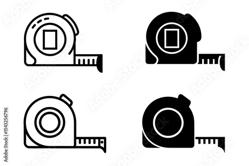 Tape Measure Icon Set. Black and White Outline and Solid Style Measuring Tool Symbols