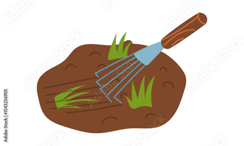 Fan-shaped thin rakes that loosen the soil with planted plants. Garden tools. Garden work, rakes. Suitable for agricultural websites, blogs, gardening manuals, and advertising of garden tools.