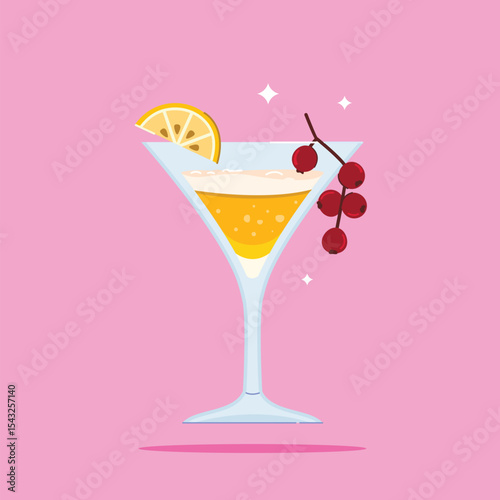 alcoholic beverage in white Wine Glass. Summer appetizer decorated with berries and citrus. Illustration of soft and alcoholic beverages.