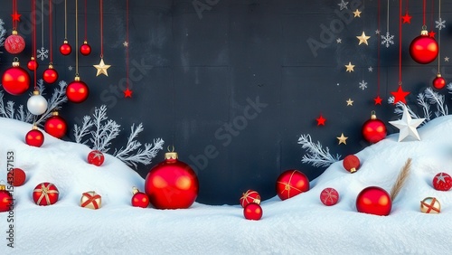 Panoramic New Year composition with red and white balls and stars on a snowy surface. In the background there is a dark gray wall creating contrast. Ideal for holiday banners and cards.